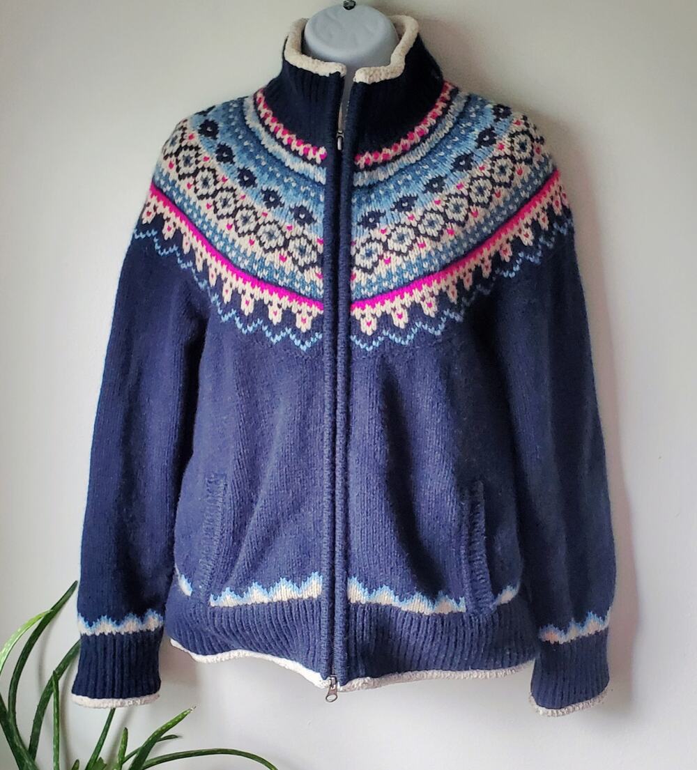 L.L.Bean Womens Fleece Lined Wool Fair Isle Zip up Sweater Size Small Preppy